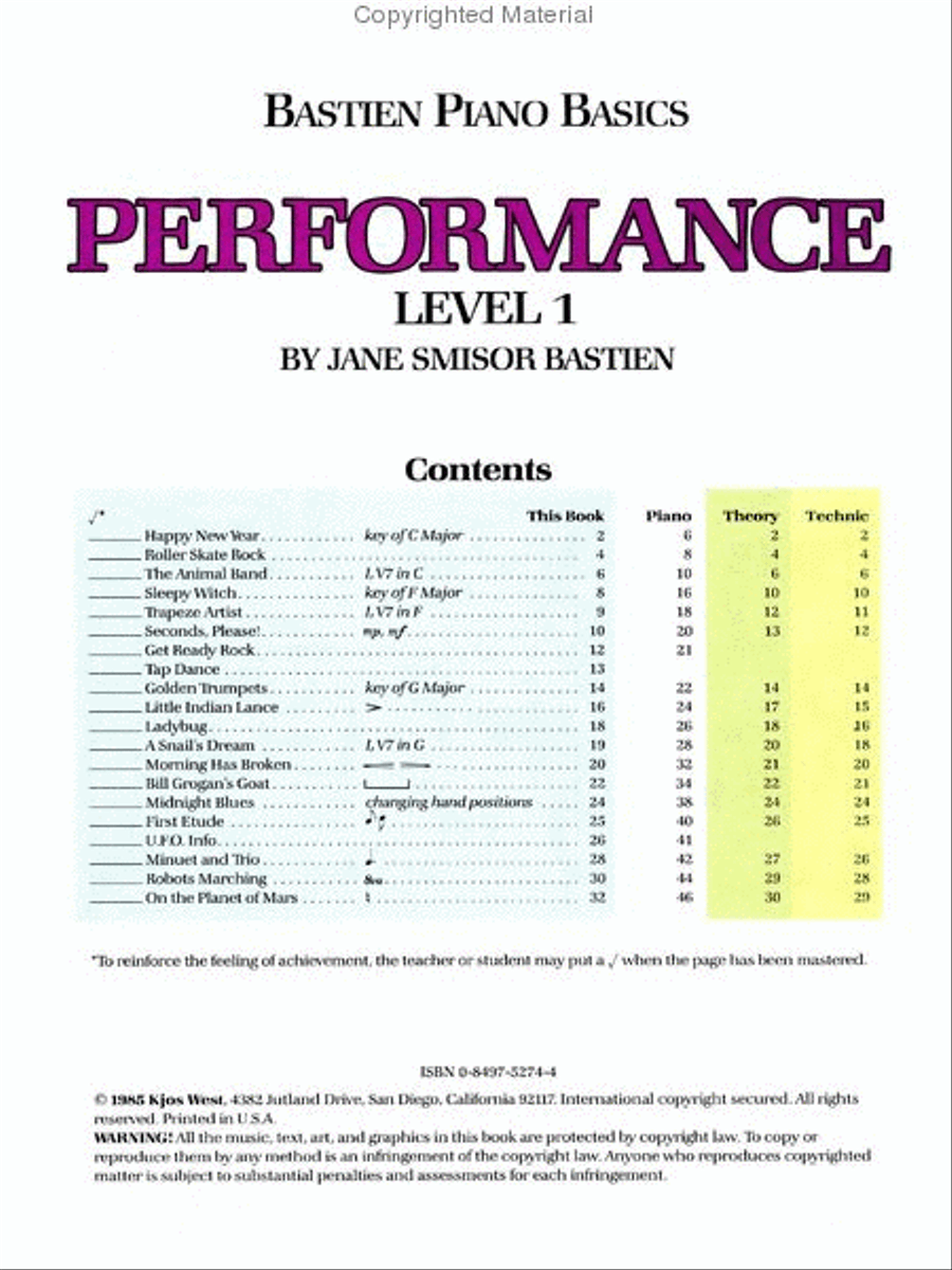 Bastien Piano Basics, Level 1, Performance