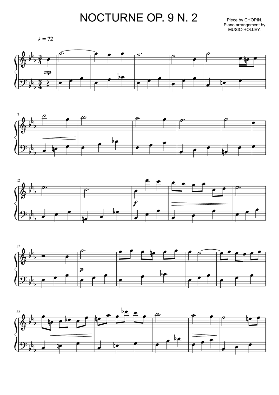 Chopin - Nocturne op.9, n.2 (easy piano sheet) Flute scores gallery preview page 1