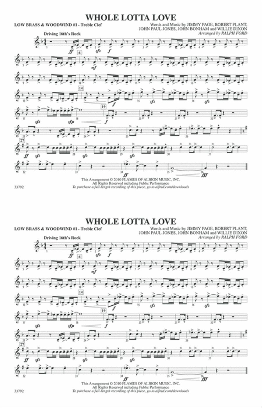 Whole Lotta Love: Low Brass & Woodwinds #1 - Treble Clef Marching Band scores gallery preview page 1