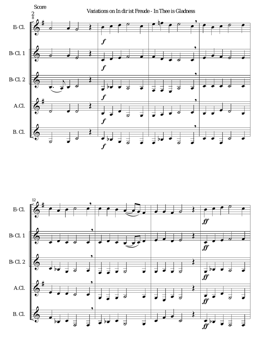 In dir ist Freude (In Thee is gladness) for clarinet quintet (E flat, 2 B flats, Alto, Bass) Clarinet Quintet scores gallery preview page 2