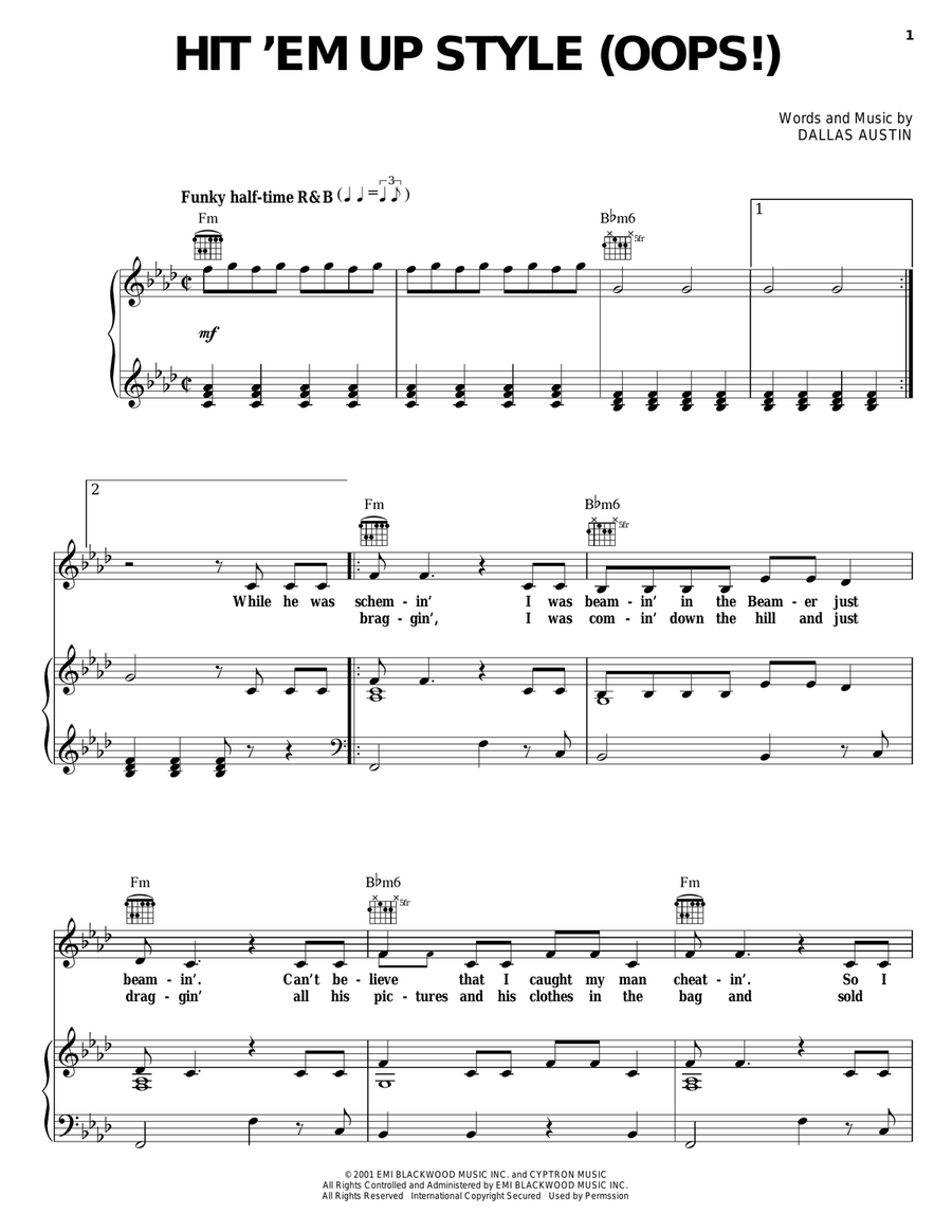 Hit 'Em Up Style (Oops!) Piano, Vocal, Guitar scores gallery preview page 1