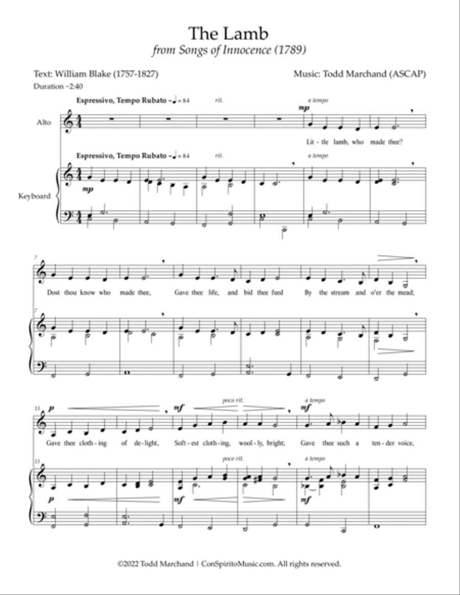 The Lamb (William Blake) — low voice (alto / bass-baritone), keyboard accompaniment Alto Voice scores gallery preview page 3