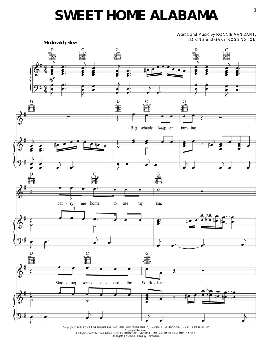 Sweet Home Alabama Piano, Vocal, Guitar scores gallery preview page 1