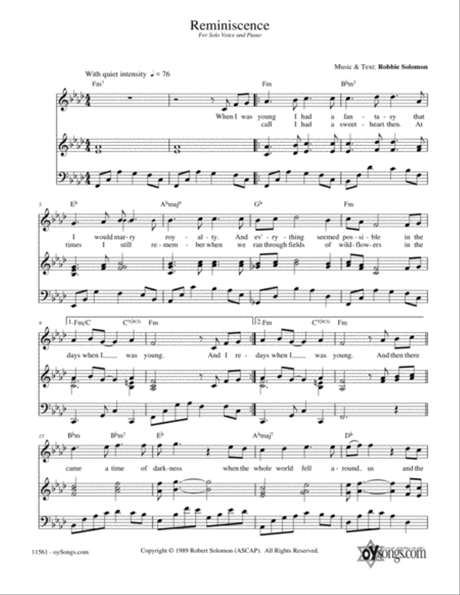 Reminscence Reminscence Piano, Vocal, Guitar scores gallery preview page 1