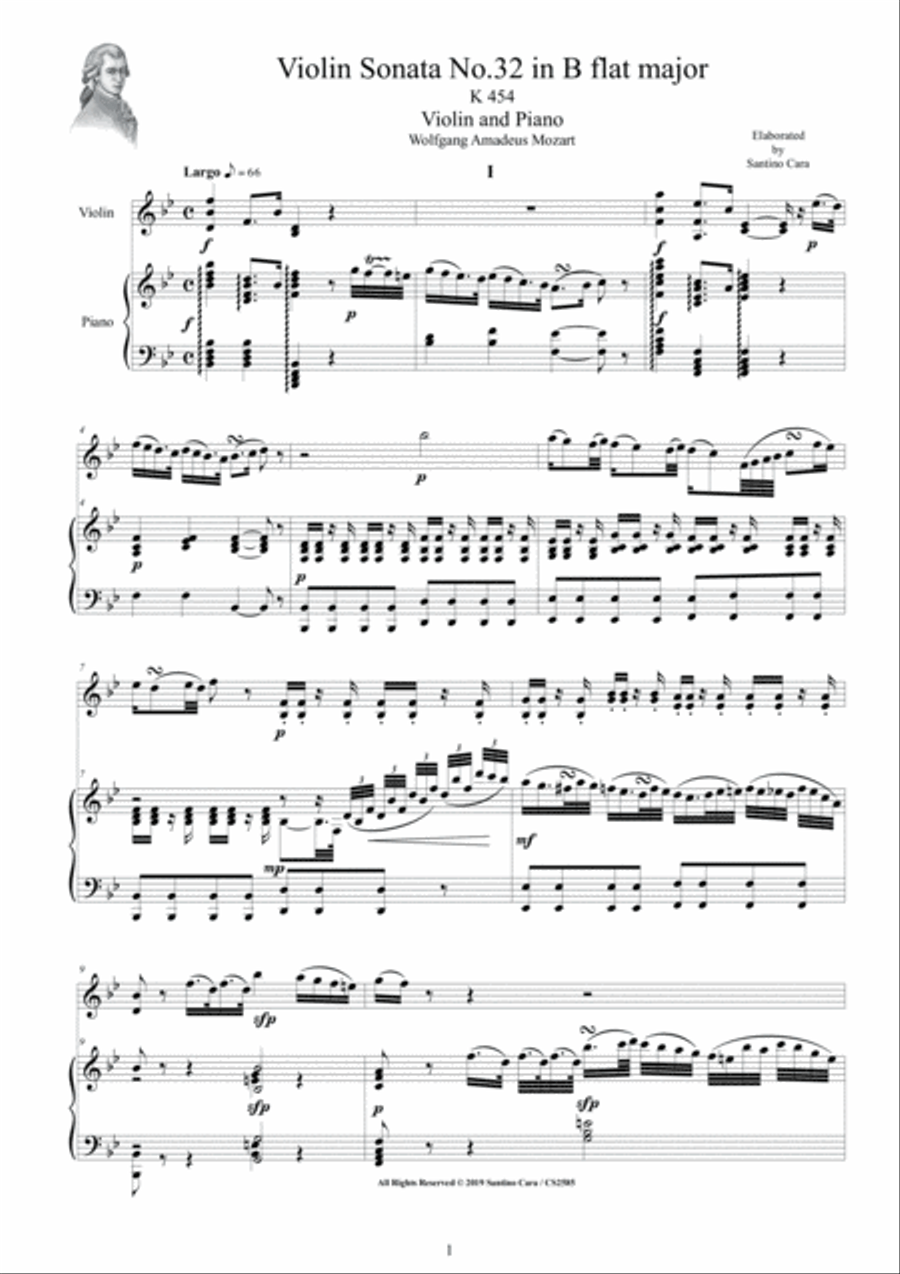 Mozart - Violin Sonata No.32 in B flat major K 454 for Violin and Piano - Score and Part Violin Solo scores gallery preview page 1