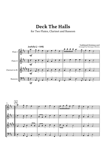 Deck The Halls (Two Flutes, Clarinet and Bassoon) | Christmas Carol image number null