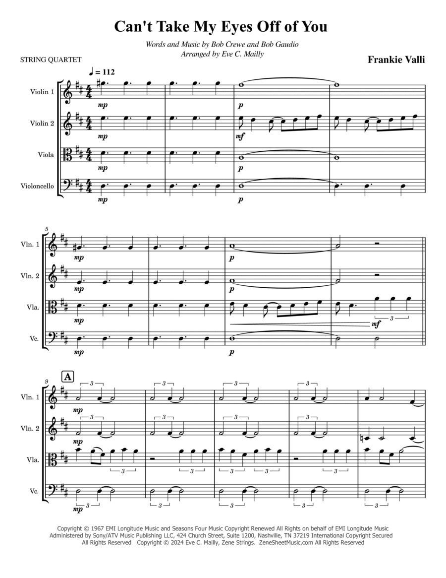 Can't Take My Eyes Off Of You String Quartet scores gallery preview page 1
