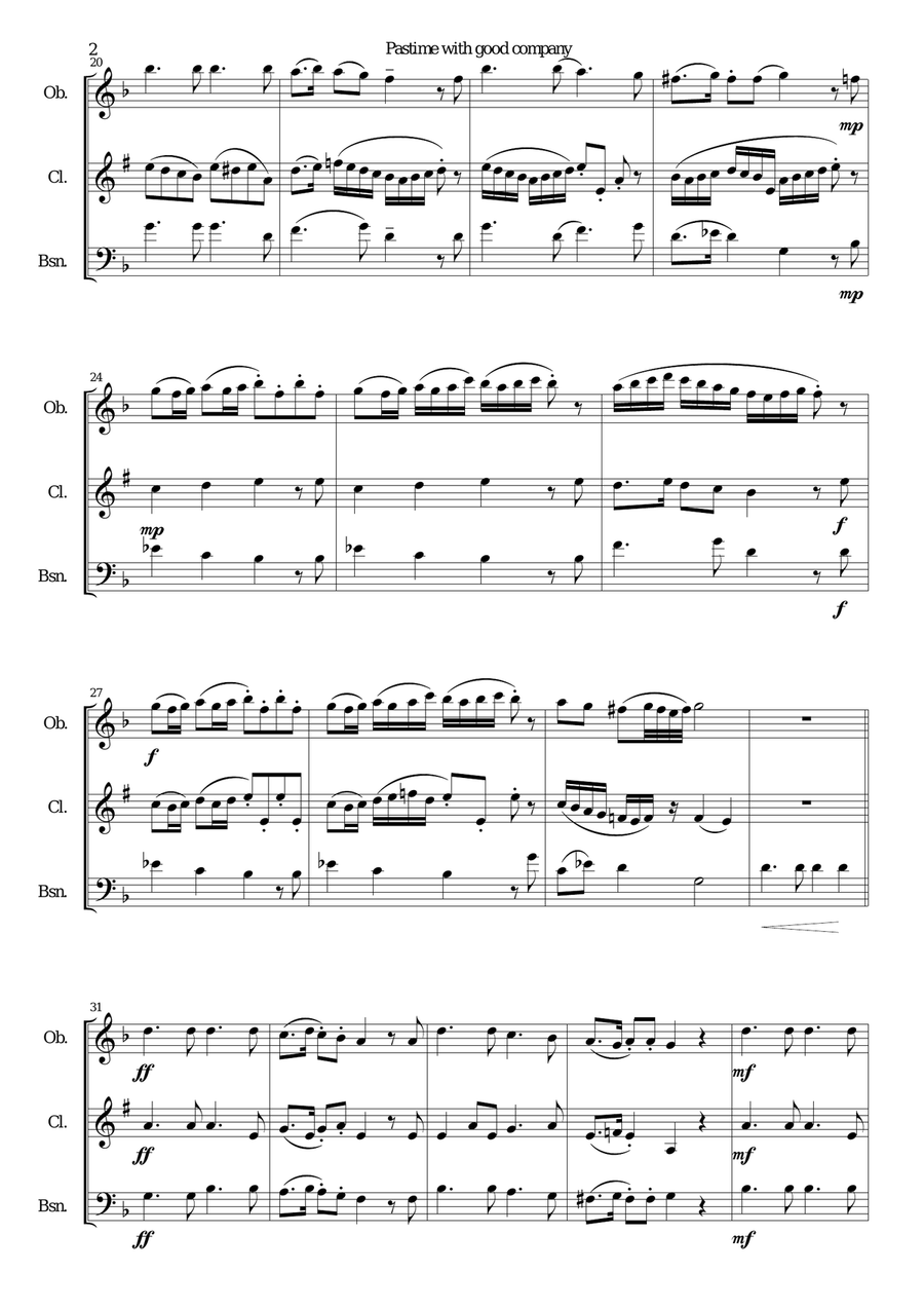 Pastime with good company for wind trio (oboe, clarinet, bassoon) Pastime with good company for wind trio (oboe, clarinet, bassoon) Woodwind Trio scores gallery preview page 2