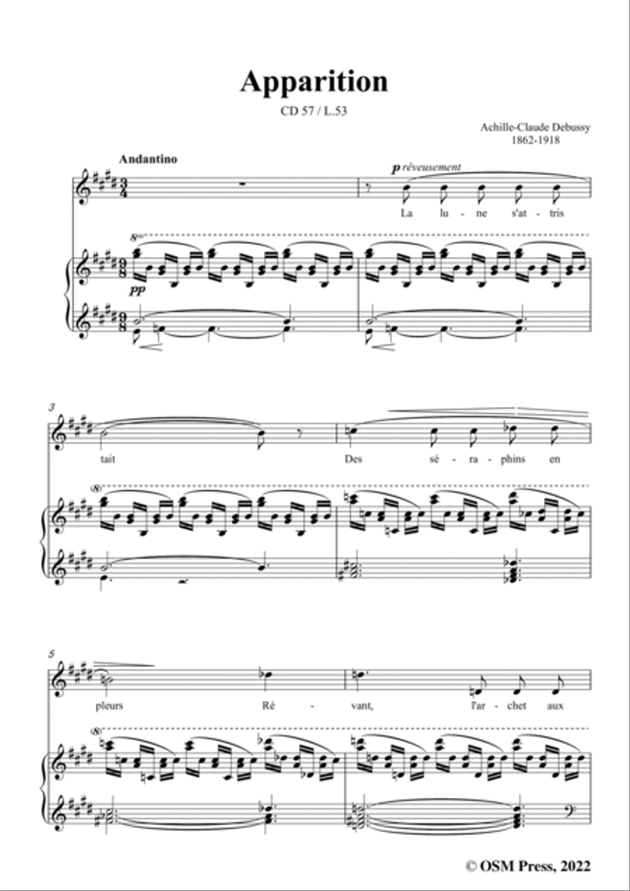 Debussy-Apparition,in E Major,CD 57;L.53,for Voice and Piano Voice Solo scores gallery preview page 3