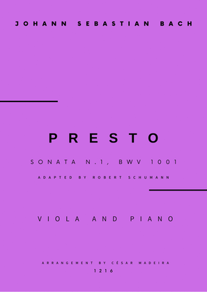 Presto from Sonata No.1, BWV 1001 - Viola and Piano (Full Score)