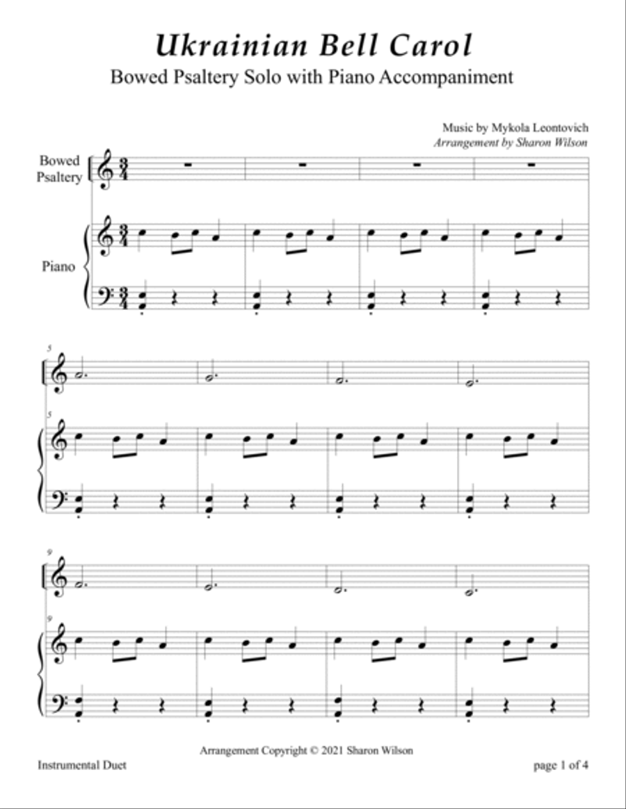 Ukrainian Bell Carol (Easy Bowed Psaltery Solo with Piano Accompaniment) Zither scores gallery preview page 4