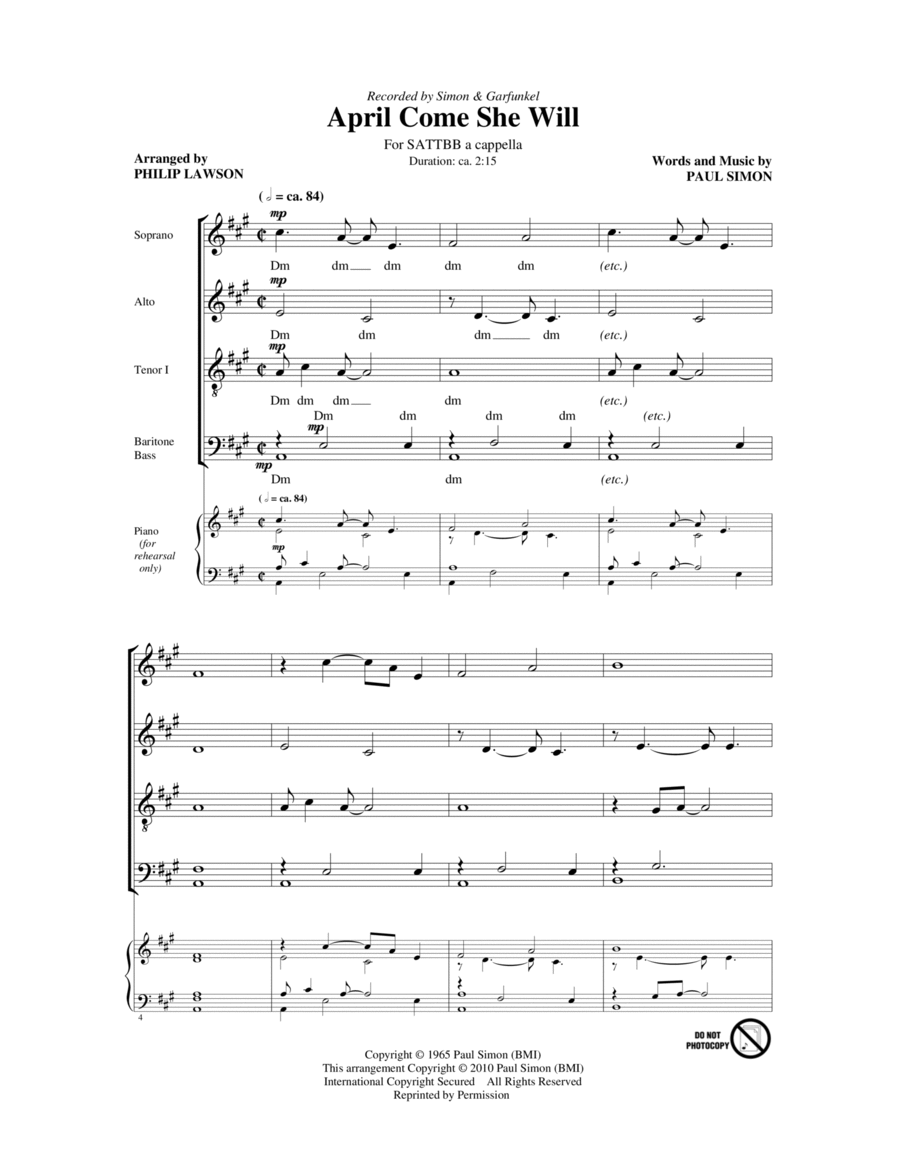 April Come She Will 4-Part scores gallery preview page 1