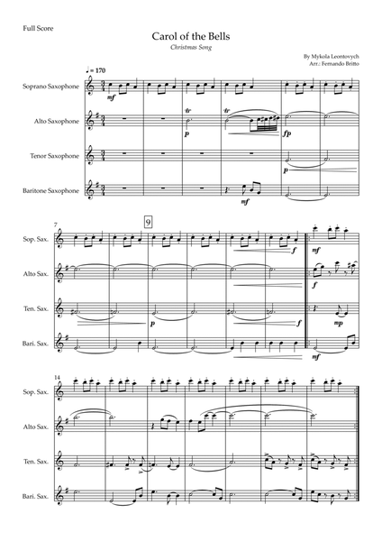 Carol of The Bells - Jazz Version (Christmas Song) for Saxophone Quartet image number null