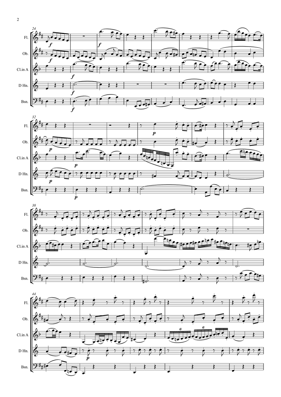 Mozart: Clarinet Concerto K622 Mvt.II Adagio (original key of D) - wind quintet (clarinet feature) Woodwind Quintet scores gallery preview page 2