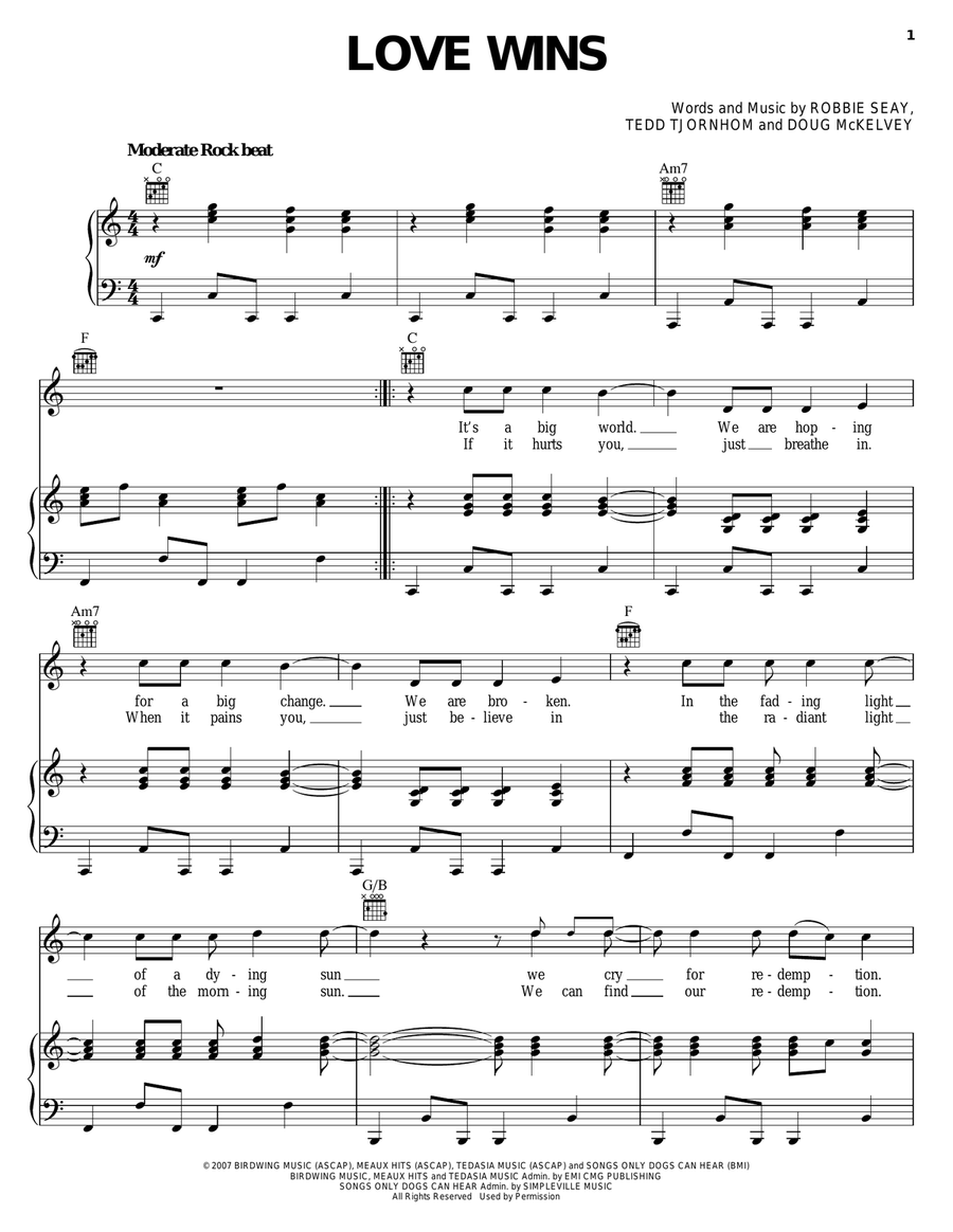 Love Wins Piano, Vocal, Guitar scores gallery preview page 1