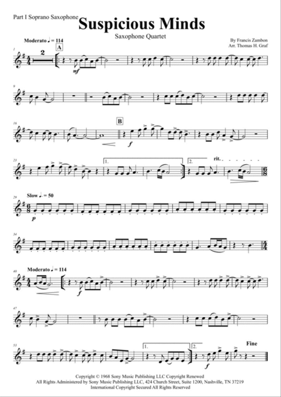 Suspicious Minds Saxophone Quartet scores gallery preview page 5