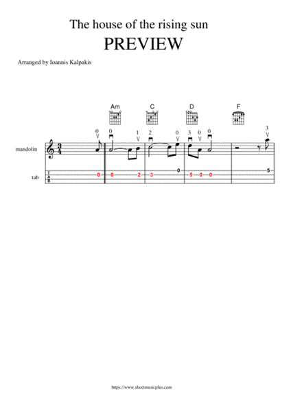 The house of the rising sun. Mandolin sheet music and tablature