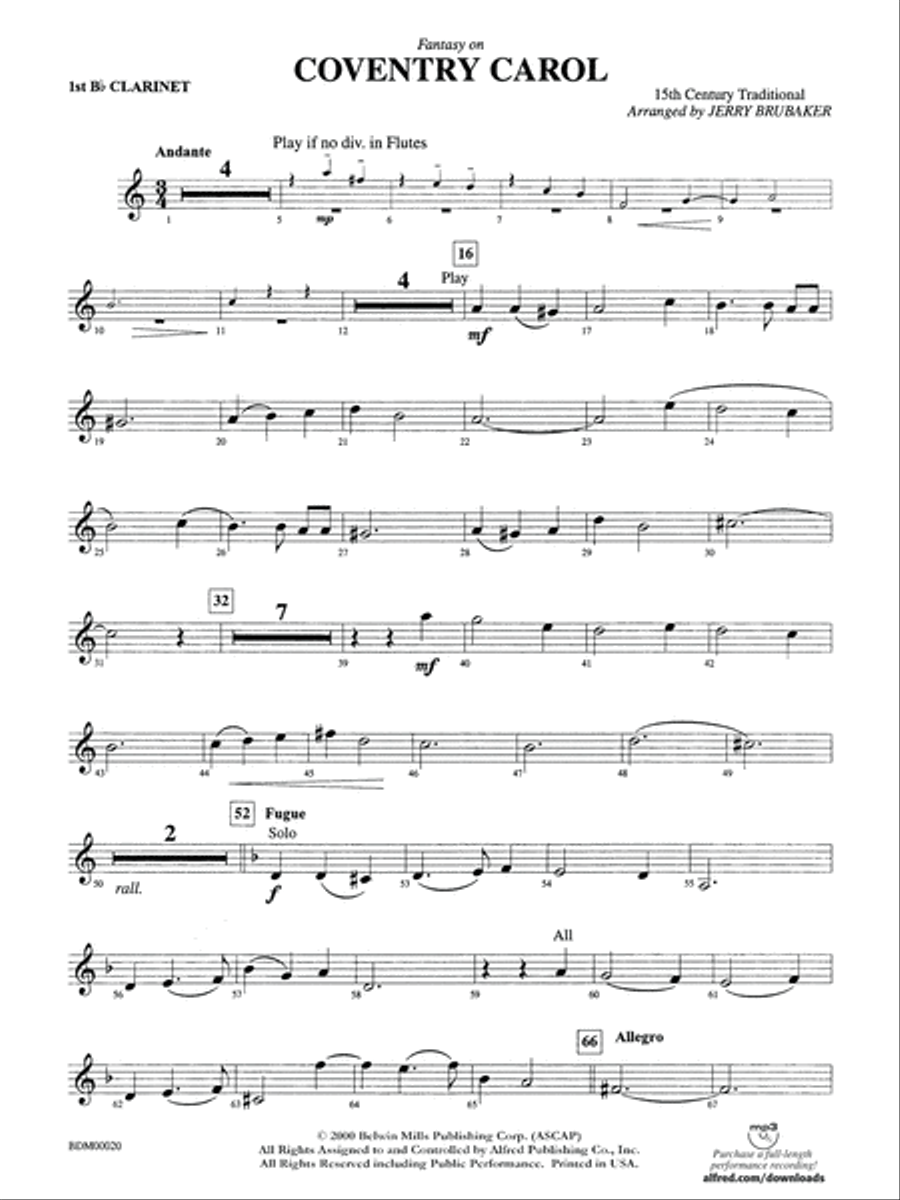 Coventry Carol: 1st B-flat Clarinet Concert Band scores gallery preview page 1