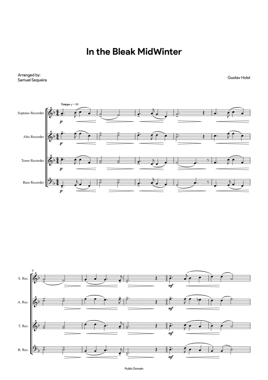 In the Bleak MidWinter - Recorder quartet Soprano Recorder scores gallery preview page 1