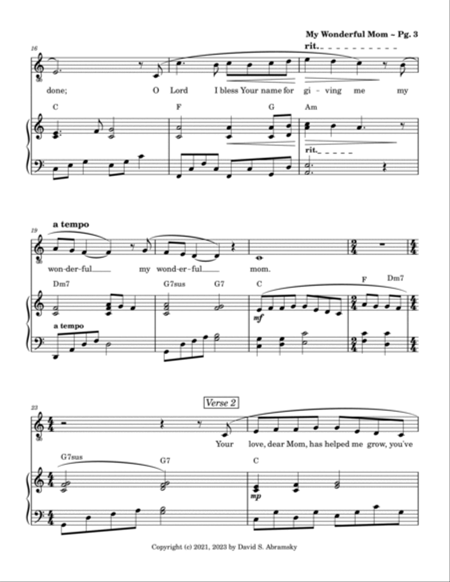 My Wonderful Mom (in C) ~ A sweet, song (piano+chords+vocal) for Mother's Day or any celebration! Piano, Vocal, Guitar scores gallery preview page 5