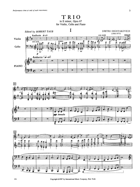 Trio In E Minor, Opus 67 by Dmitri Shostakovich Piano Trio - Sheet Music