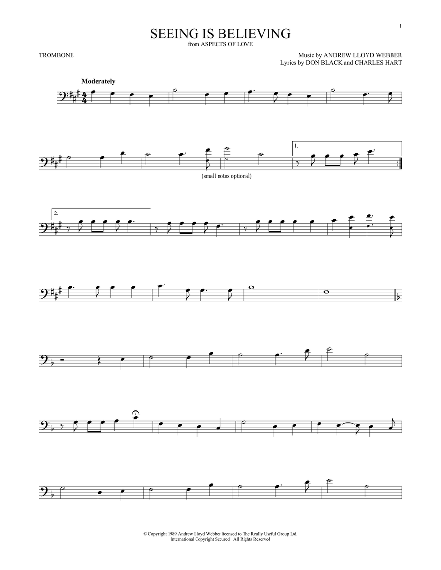 Seeing Is Believing (from Aspects of Love) Trombone Solo scores gallery preview page 1
