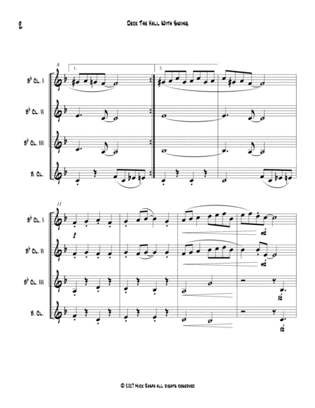 Deck The Hall With Swing (Clarinet quartet - B flat 1,2,3, Bass clarinet) score & parts image number null