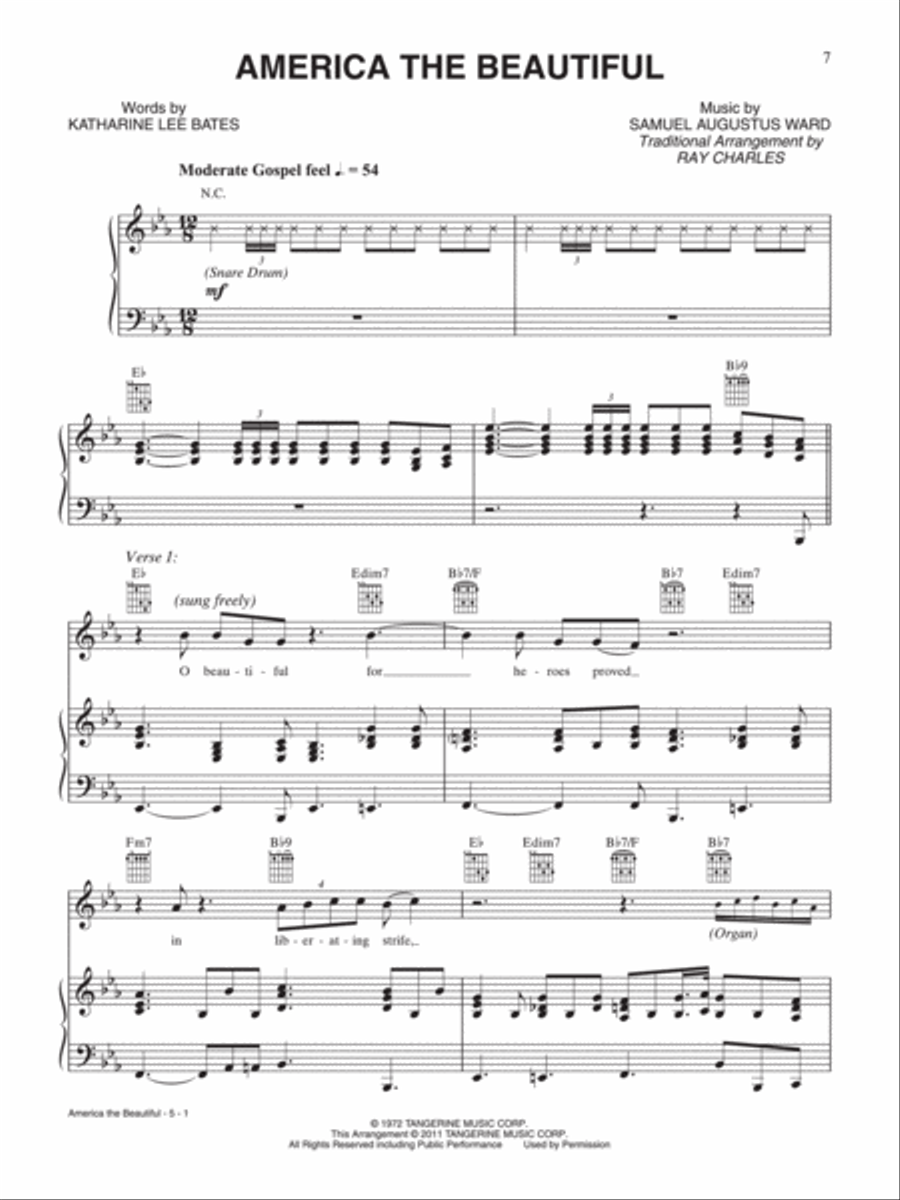 America the Beautful Piano, Vocal, Guitar scores gallery preview page 1
