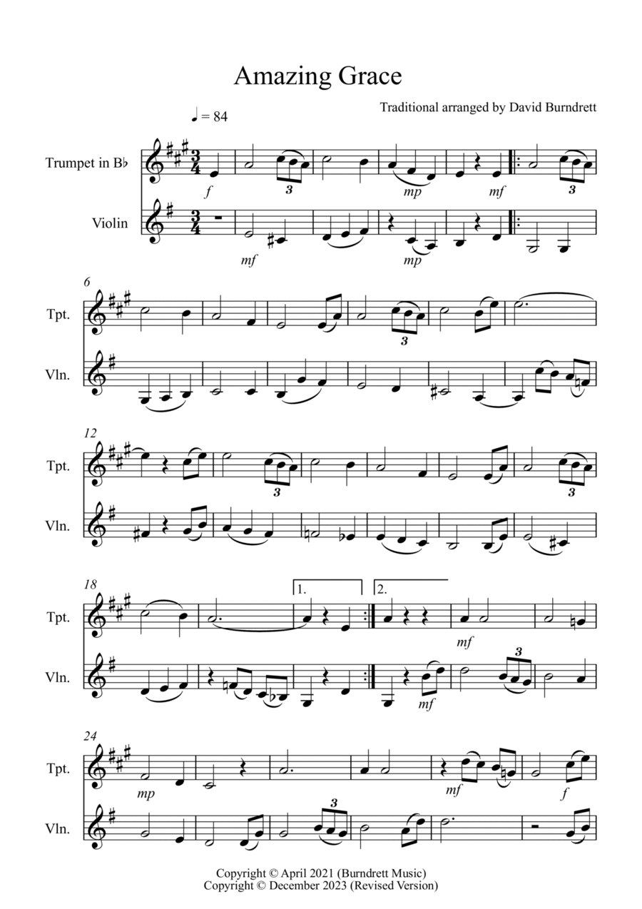Amazing Grace for Trumpet and Violin Duet B-Flat Trumpet scores gallery preview page 1
