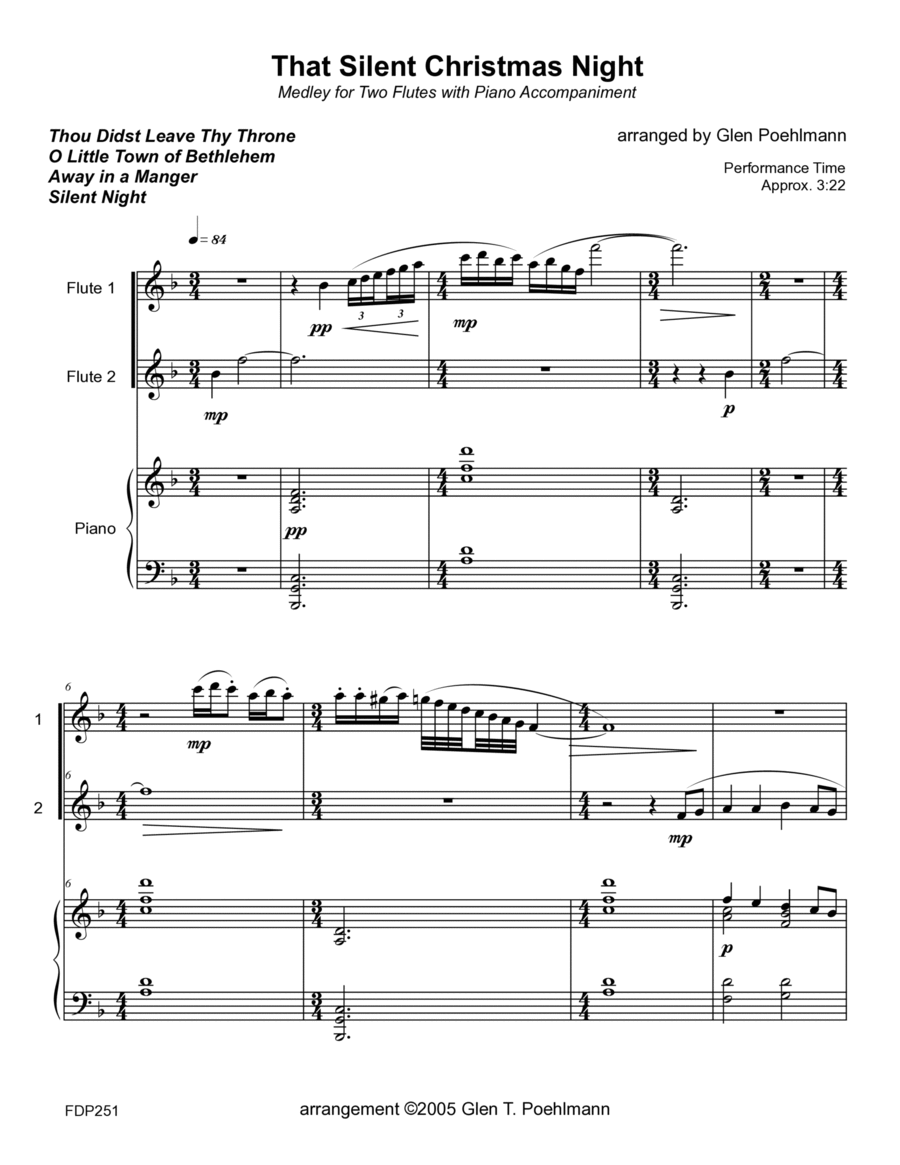 THAT SILENT CHRISTMAS NIGHT medley - FLUTE DUET (or Flute & Violin) with Piano Flute scores gallery preview page 1