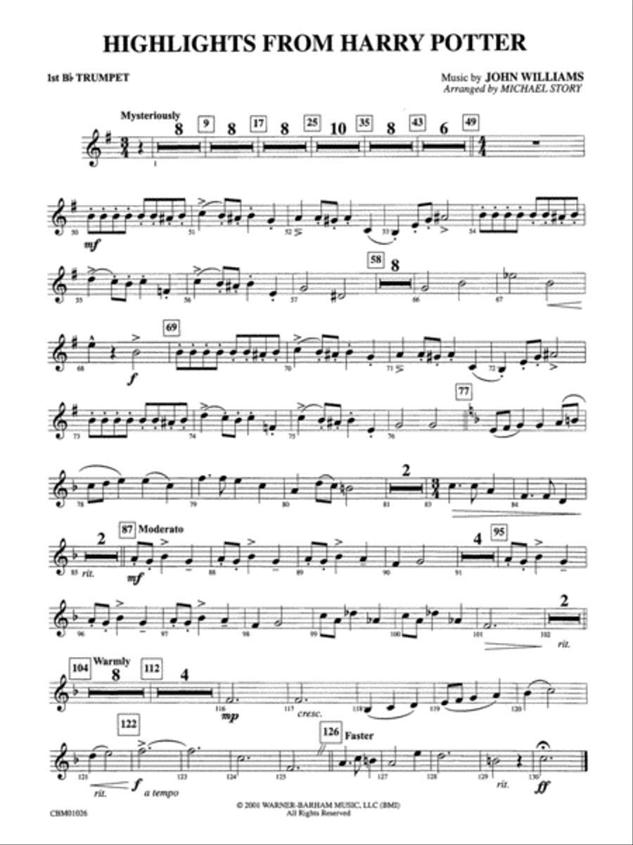 Harry Potter, Highlights from: 1st B-flat Trumpet Concert Band scores gallery preview page 1