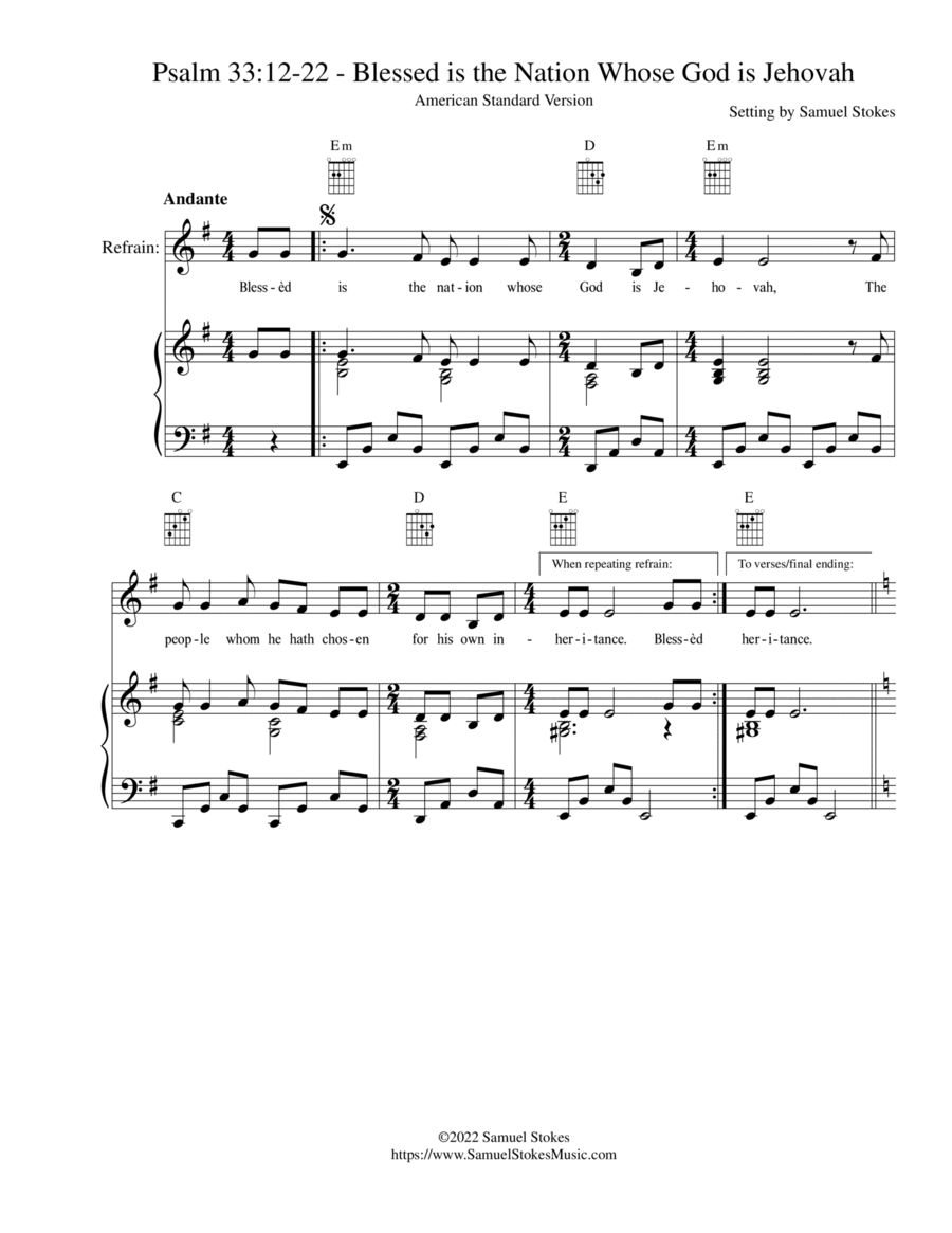 Psalm 33:12-22 ASV - Blessed is the nation Whose God is Jehovah Unison Choir scores gallery preview page 1