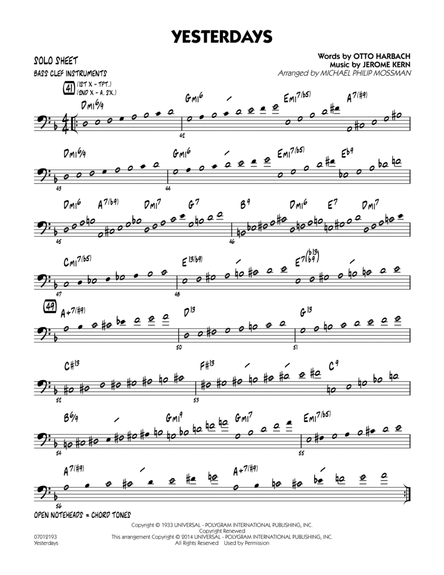 Yesterdays - Bass Clef Solo Sheet