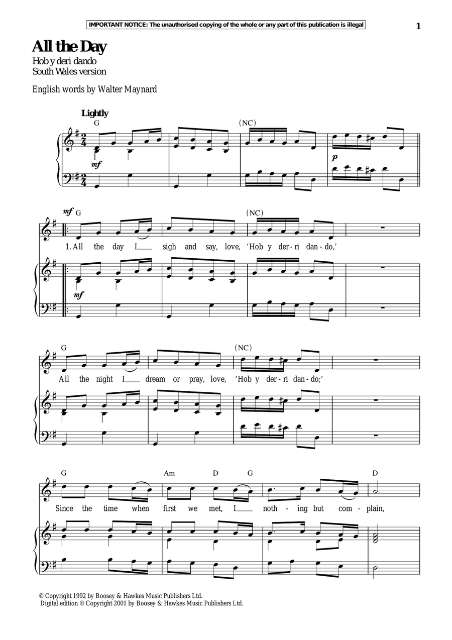 All The Day (South Wales Version) Piano, Vocal scores gallery preview page 1