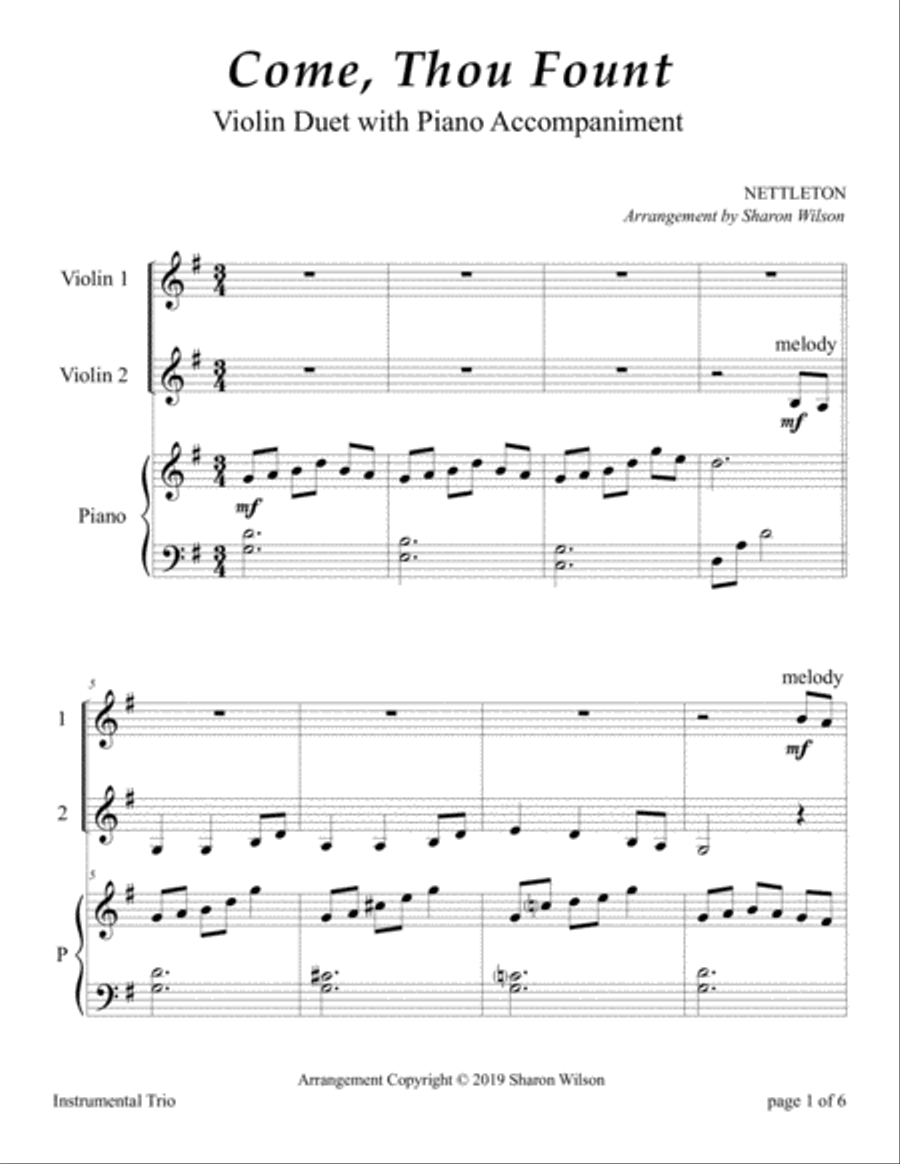 Come, Thou Fount of Every Blessing (Easy Violin Duet with Piano Accompaniment) String Duet scores gallery preview page 4