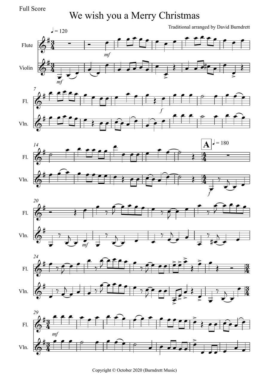 We wish you a Merry Christmas for Flute and Violin Duet Flute scores gallery preview page 1