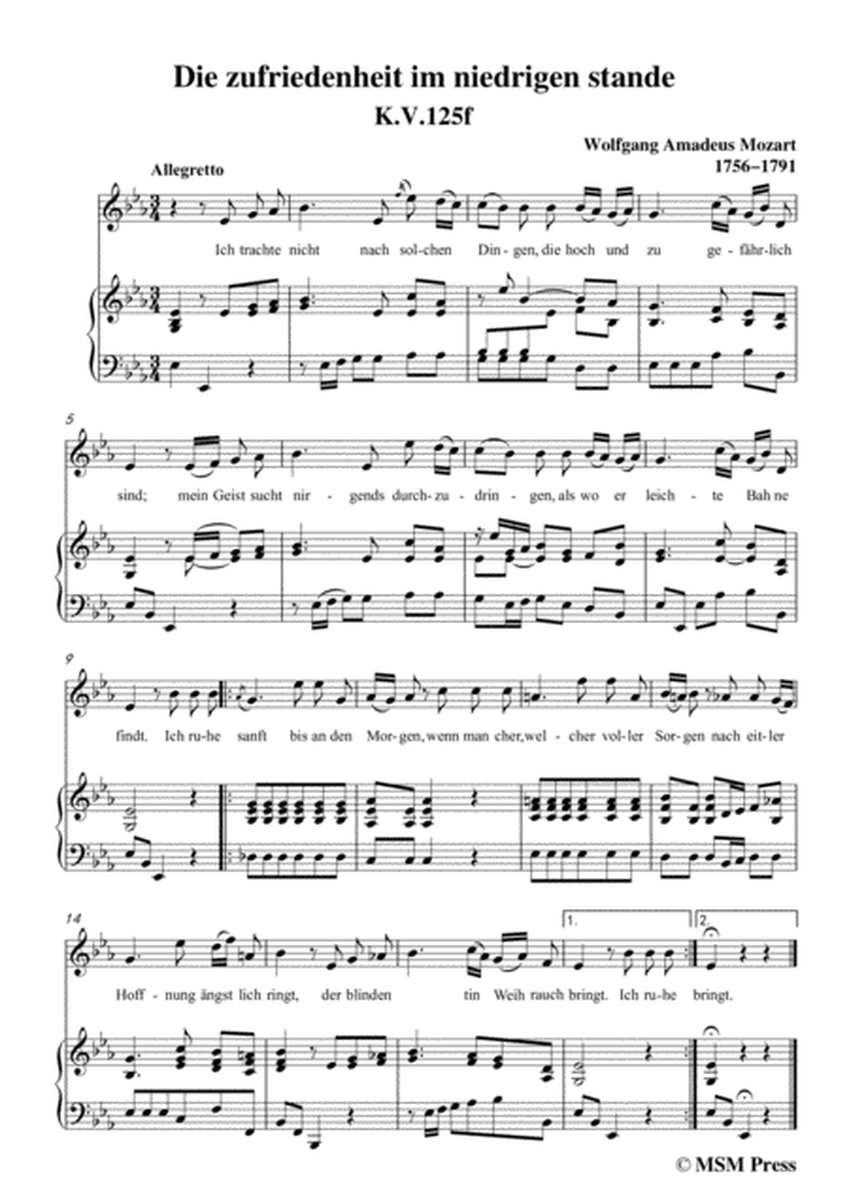 Mozart-Die zufriedenheit im niedrigen stande,in E flat Major,for Voice and Piano image number null