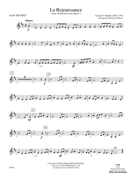 La Rejouissance (from Royal Fireworks Music): 1st B-flat Trumpet