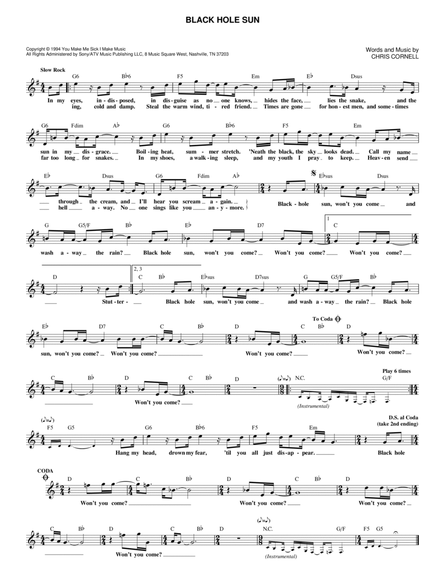 Black Hole Sun Piano scores gallery preview page 1