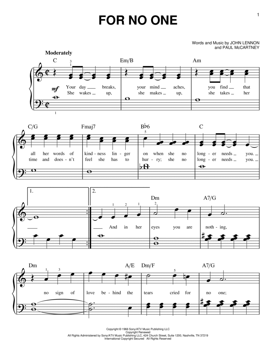 For No One Easy Piano scores gallery preview page 1