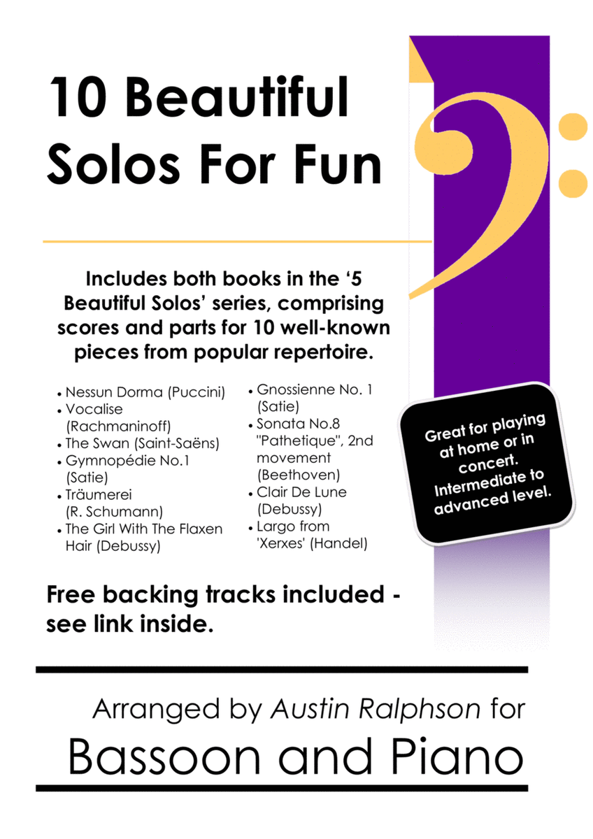 COMPLETE Book of 10 Beautiful Bassoon Solos for Fun - various levels with FREE BACKING TRACKS image number null