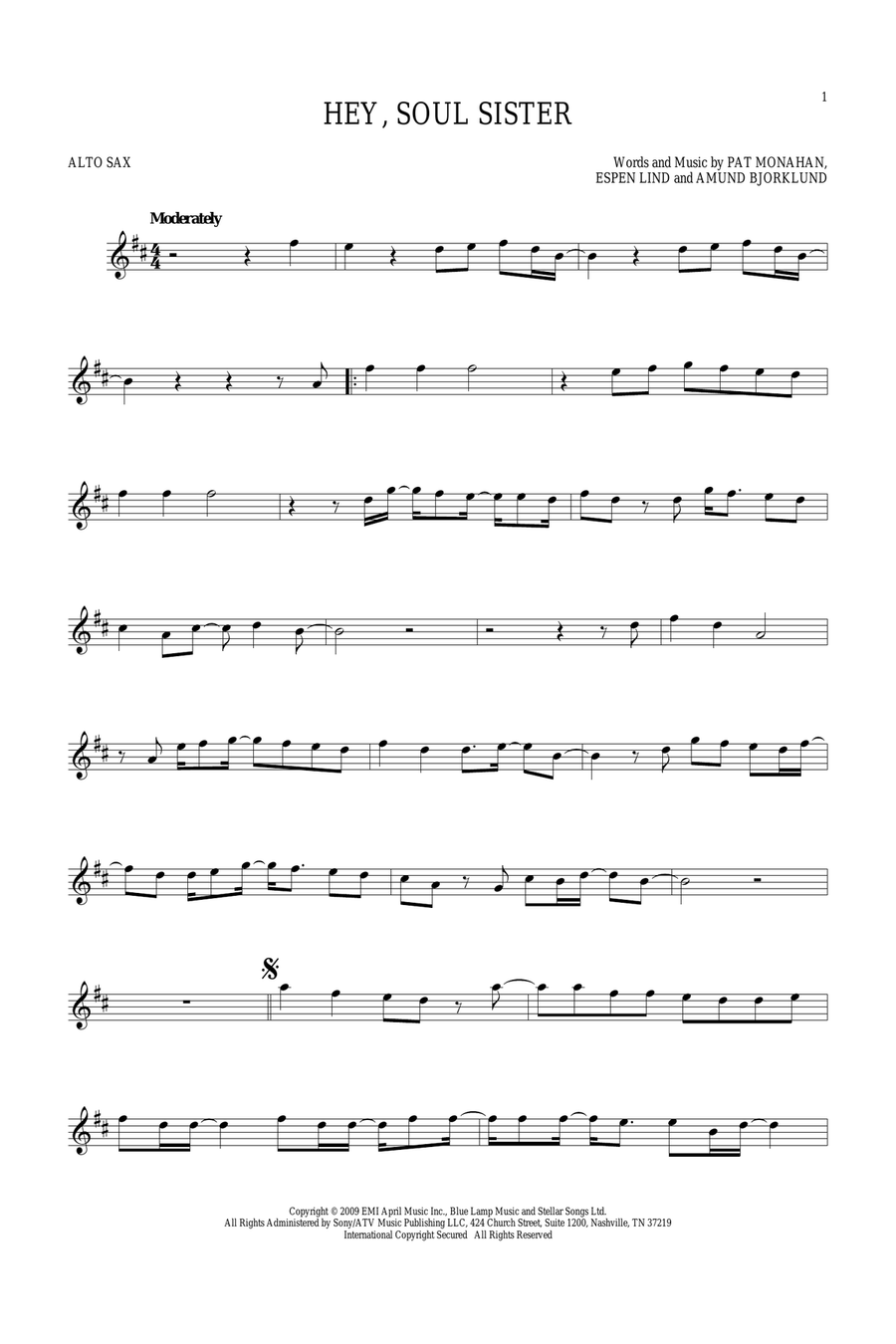 Hey, Soul Sister Hey, Soul Sister Alto Saxophone scores gallery preview page 1