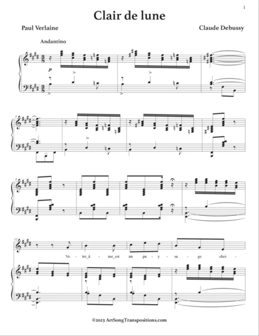DEBUSSY: Clair de lune (first setting, transposed to E major) Voice scores gallery preview page 2