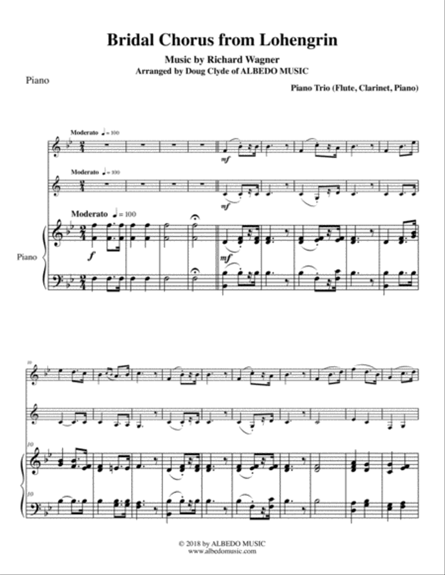Wagner Bridal Chorus from Lohengrin for Flute, Clarinet & Piano Woodwind Duet scores gallery preview page 1