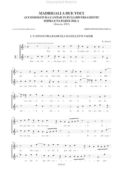 Madrigali a due voci accomodati da cantar in Fuga diversamente sopra una parte sola (Venezia 1587)