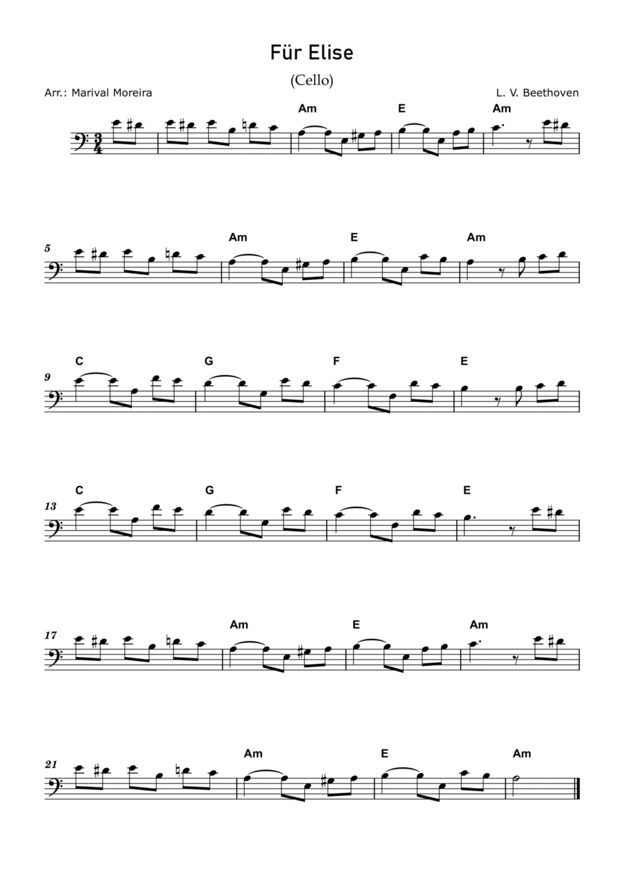 Fur Elise - Beethoven - Cello Solo Intermediate (Score and Chords) Cello Solo scores gallery preview page 1