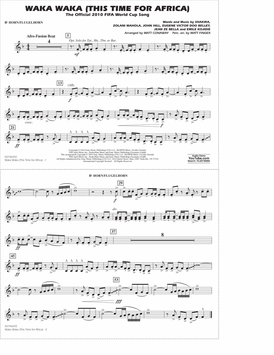 Waka Waka (This Time For Africa) (arr. Matt Conaway) - Bb Horn/Flugelhorn Marching Band scores gallery preview page 1