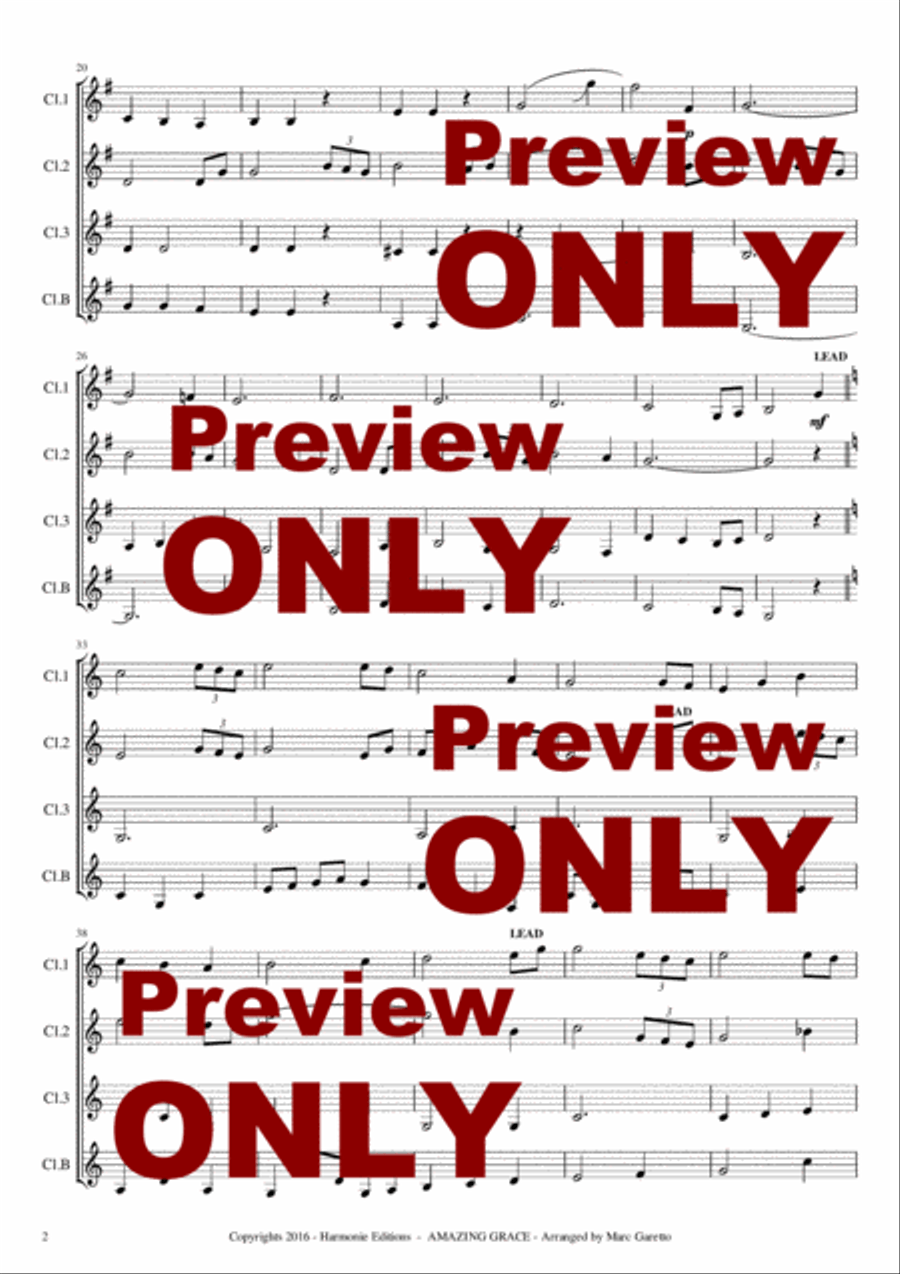 AMAZING GRACE - Traditionnal - for CLARINET Quartet - Arranged by Marc Garetto Clarinet Quartet scores gallery preview page 4