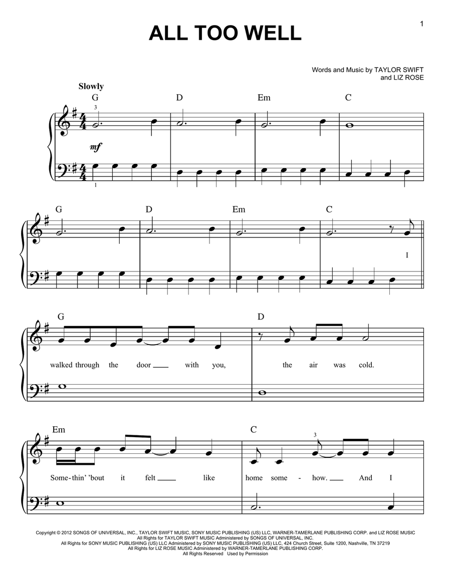 All Too Well Easy Piano scores gallery preview page 1