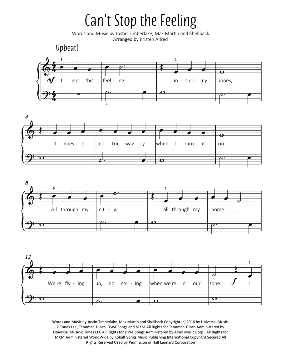 Can't Stop The Feeling from TROLLS Easy Piano scores gallery preview page 1